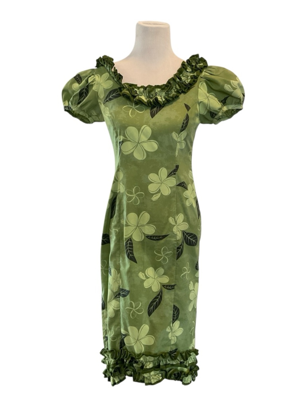 90s Island Aloha Wear Muumuu Dress Green Plumeria Fishtail Hem Ruffles Size S